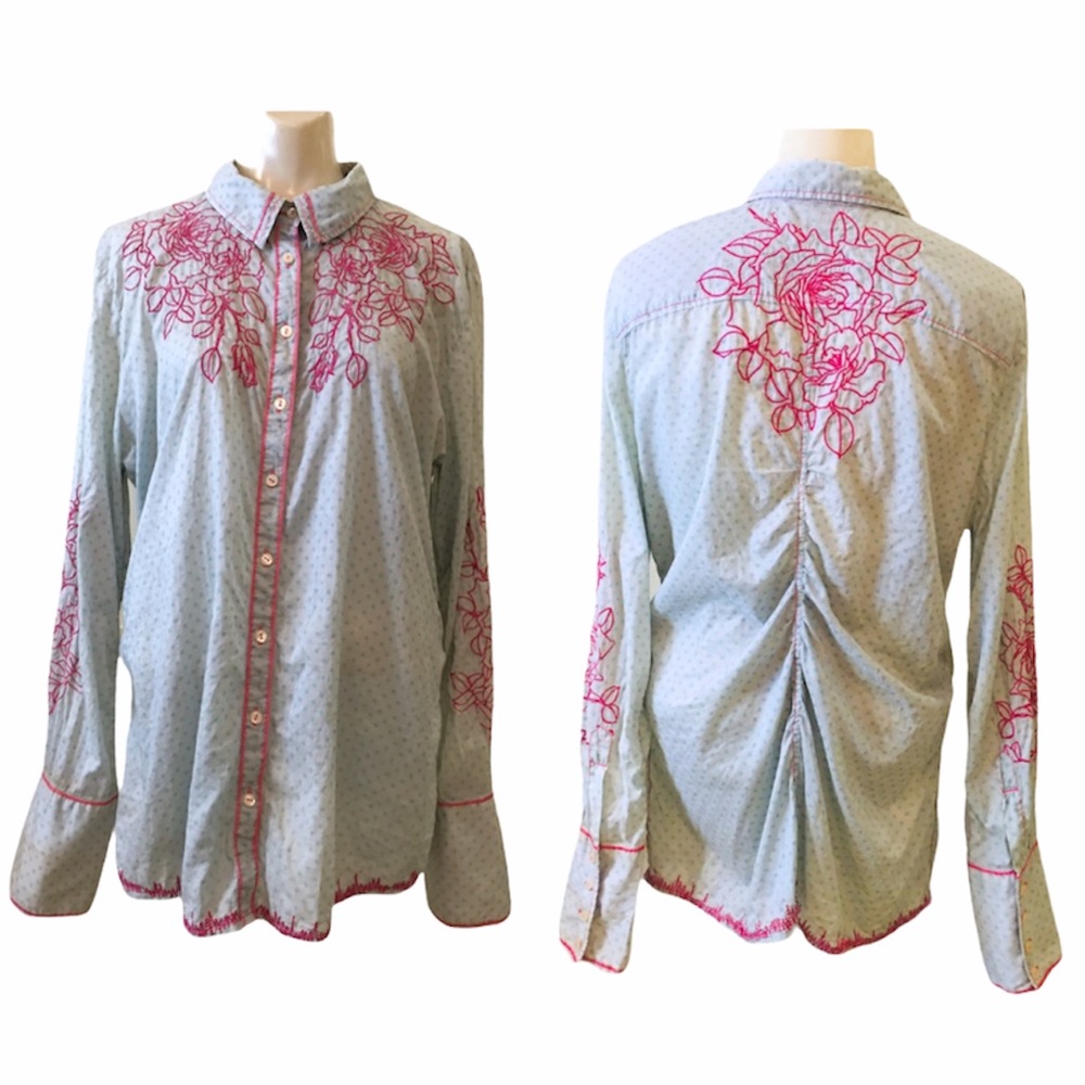 3J Workshop Embroidered Ruched Polka Dot Blouse